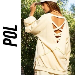 POL Cross Strap Back French Terry Sweater Top